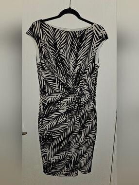 Ralph Lauren Black and White Palm-Print Midi Dress with Twist Waist